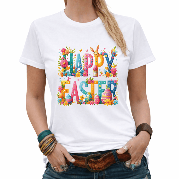 Happy Easter Floral Bunny Eggs Graphic Tees Women's Spring Tshirt Tops S-5XL
