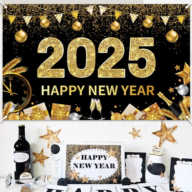 Banner grande de feliz año nuevo negro para decoración de Nochevieja 2025, fácil de crear una fuerte cuenta regresiva para el año nuevo