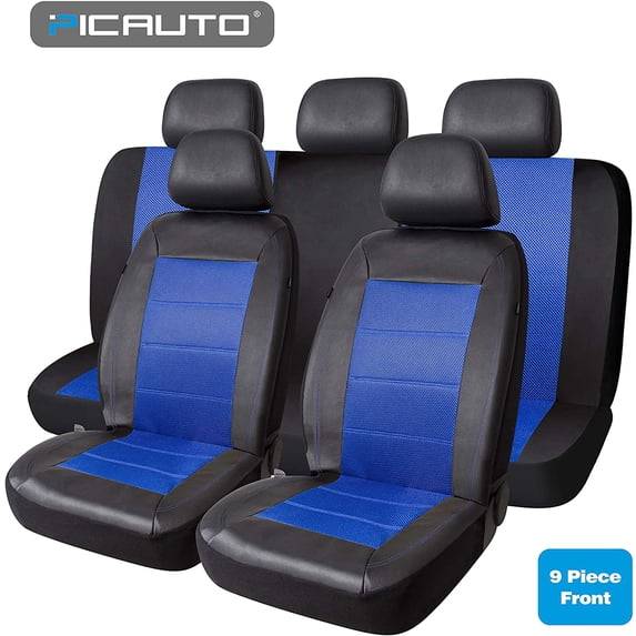 PIC AUTO 9PCS Blue Mesh and Leather Car Seat Covers Full Set Universal Fit