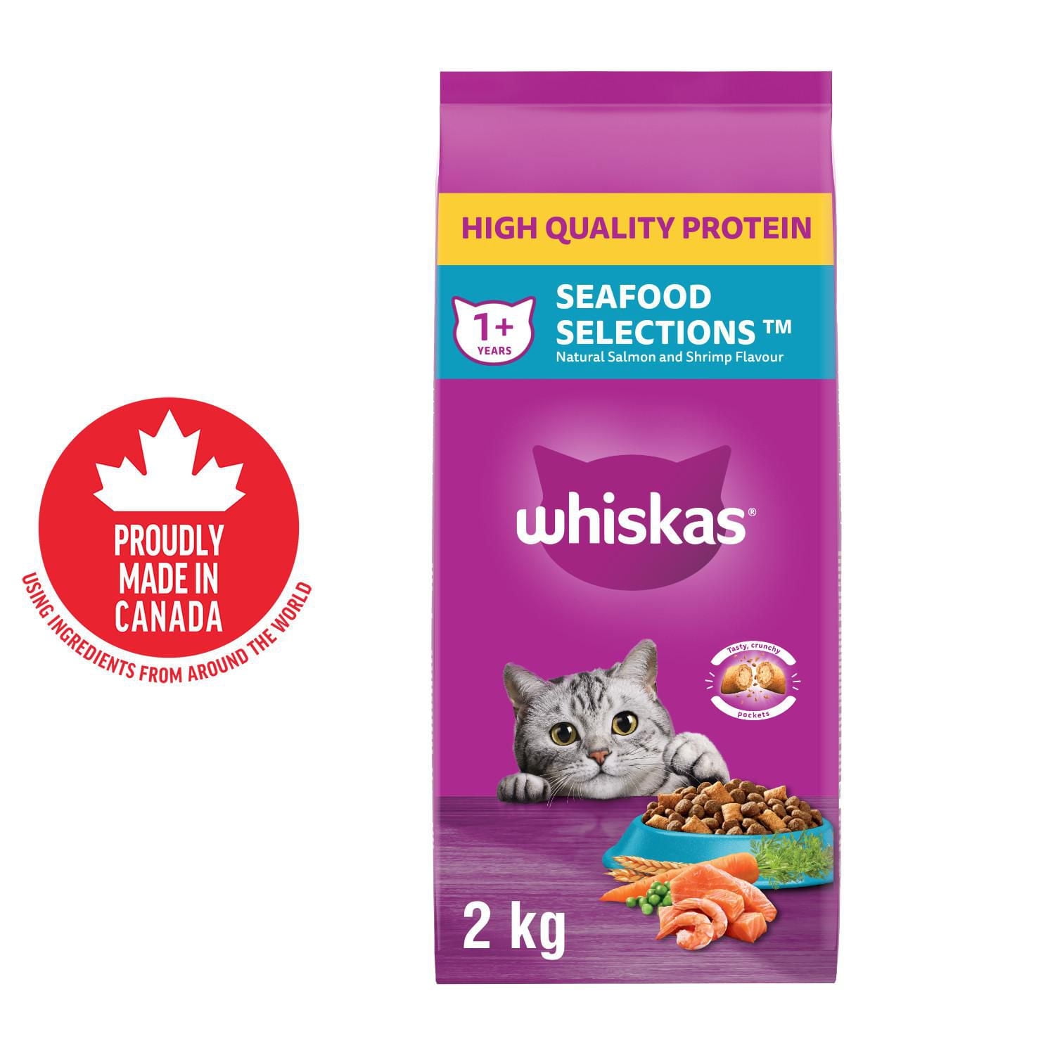 WHISKAS Adult Dry Cat Food Seafood Selections, Natural Salmon & Shrimp Flavour, 2 - 9.1kg
