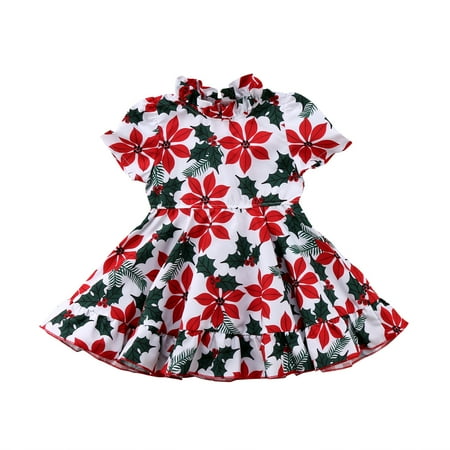 

Jkerther Baby Girls Short Sleeve Red Flowers Green Leaves Ruffles Princess Dress
