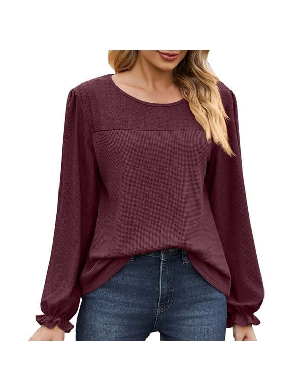 Fall Tops for Women Ruffle Long Sleeve Crew Neck Solid Color Eyelet Tunic Tops Loose Casual Blouses