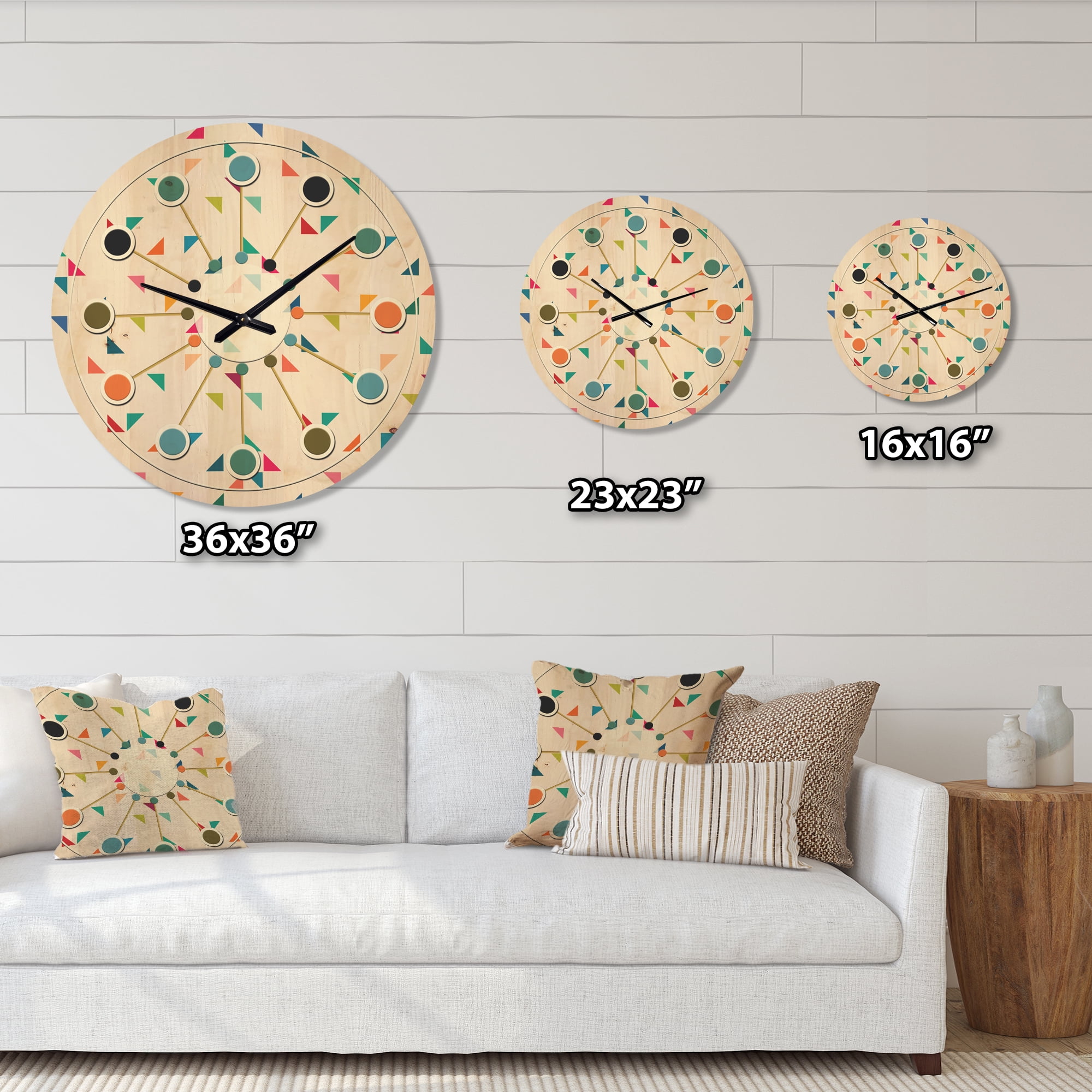 Designart 'Abstract Triangular Shape Retro Pattern I' Mid-Century Modern Wood Wall Clock
