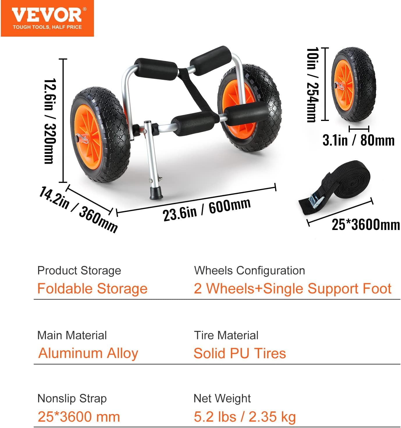 CHTER Kayak Cart, 250lbs Load Capacity, Foldable Kayak Dolly Aluminum Kayak Wheels with 10'' Solid Tires for Kayaks Carrier Canoes Paddleboard Kayak Trolley Float Mats Jon Boats