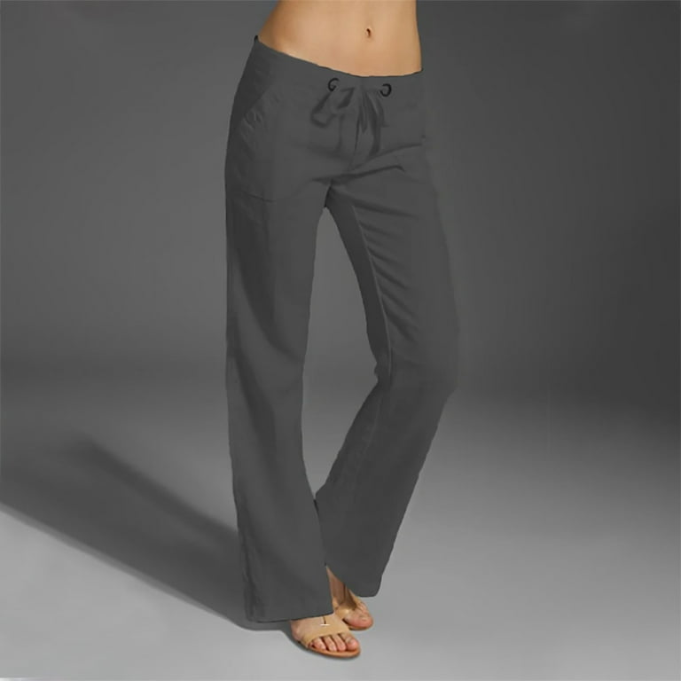 Cotton Linen Pants for Women Low Rise Drawstring Casual Loose Fit Wide Leg  Long Pants Solid Color Summer Comfy Trousers