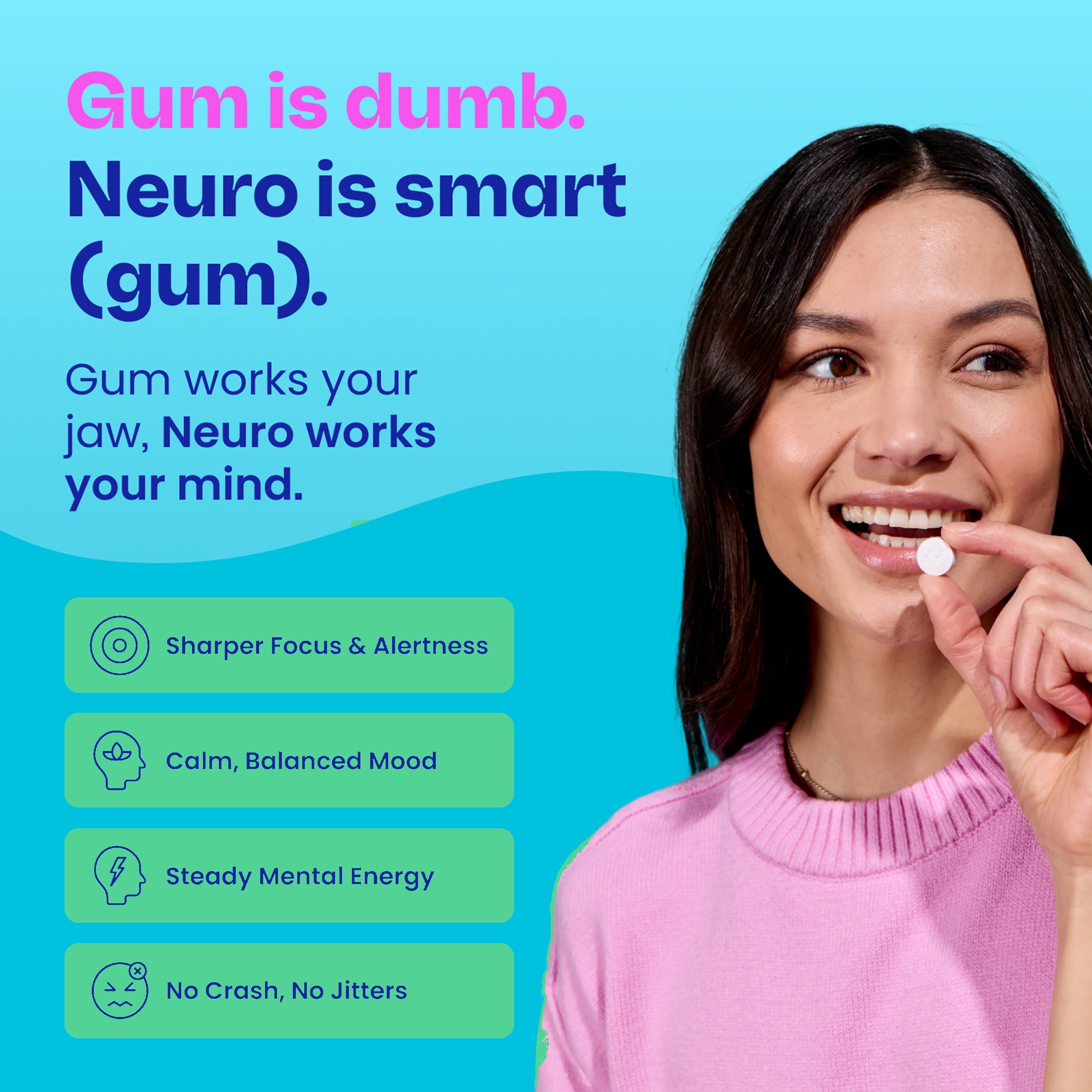 Neuro Energy & Focus Gum with Caffeine, L-Theanine, B Vitamins Spearmint 90 Count Bag