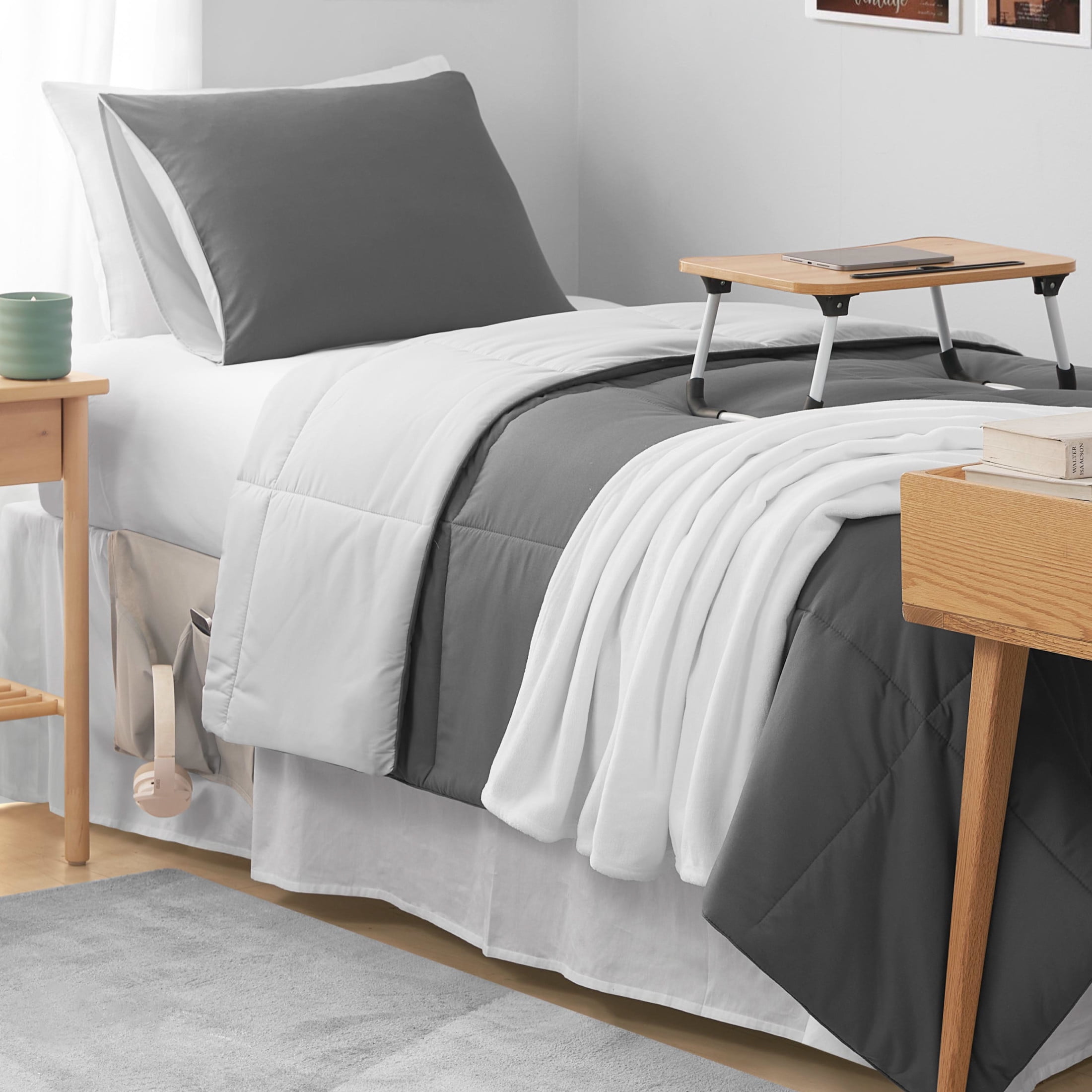 The Sheet Lab Reversible Box Stitch Comforter Set, 3-Piece Full/Queen – Dark Grey/Light Grey