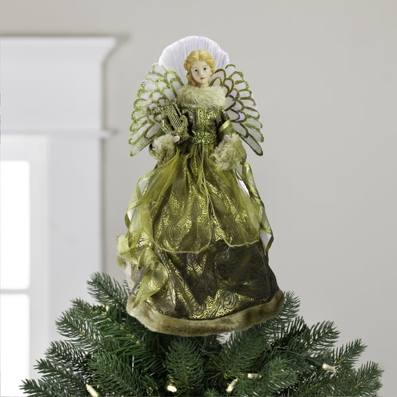 Northlight 16" Gold and Brown Lighted Angel in Gown with Harp Christmas Tree Topper