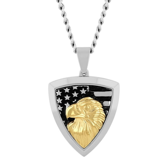 Brilliance Fine Jewelry Men's Stainless Steel Gold Eagle Shield Pendant 24" Necklace