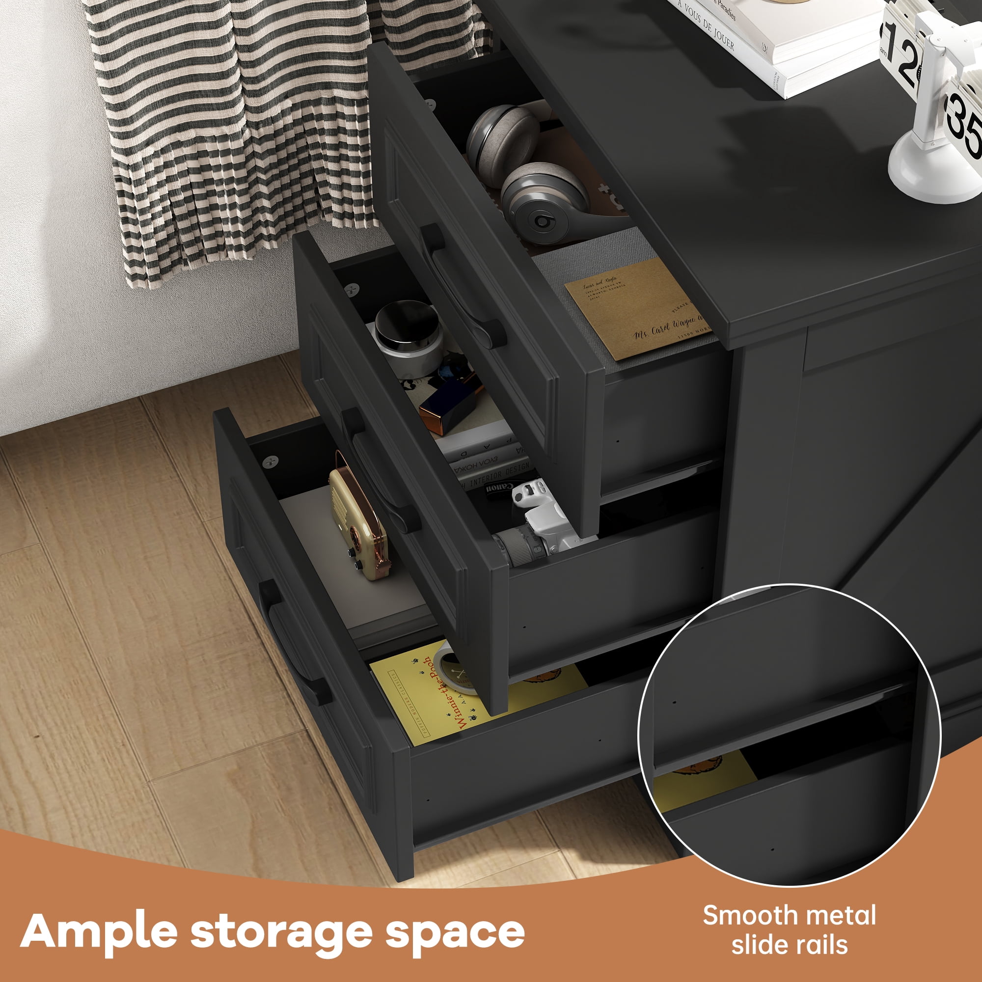 IDEALSOUL Nightstand for bedroom, Black Farmhouse End Table with Charging Station,3 Drawers Storage