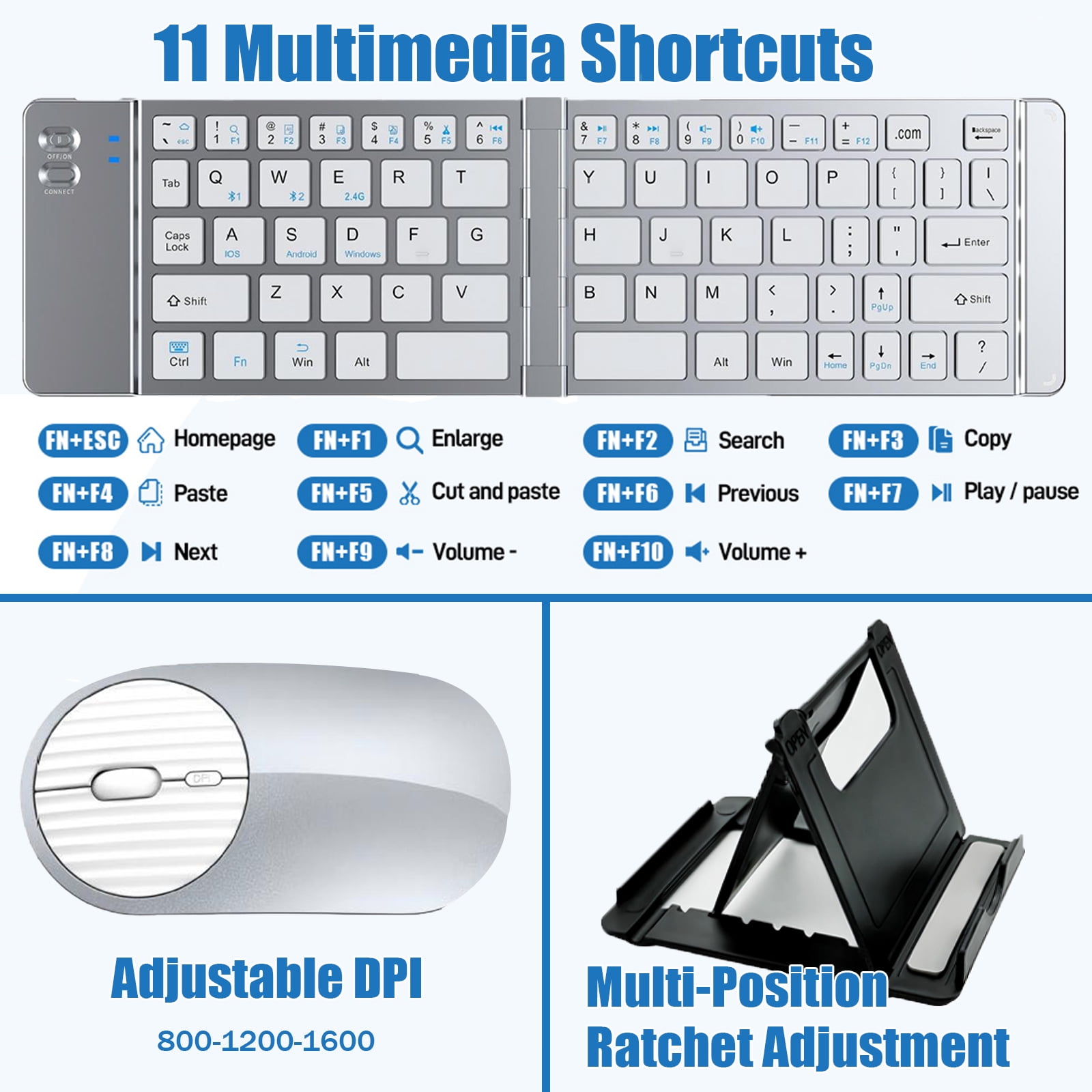 RONY Foldable Wireless Bluetooth Keyboard & Mouse Combo: Rechargeable Portable Travel Keyboard for Phone Laptop Mac Desktop (Silver)