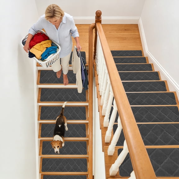 RELOIVE Stair Treads for Wooden Steps Indoor, 15 Pack 8" X 30" Non Slip Carpet Stair Treads with Reusable Adhesive for Kids Elders and Dogs,Dark Grey