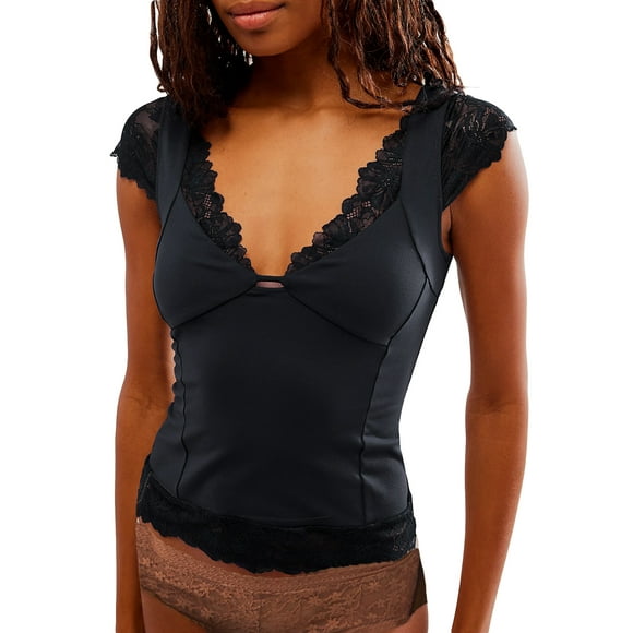 Argulvti Women T-shirt, Polyester V Neck Short Sleeve Backless Lace Trim Top Summer Tops for Daily Party