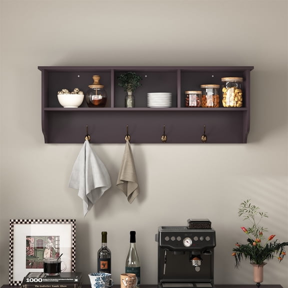 Hommoo Wall-Mounted Storage Cabinet, Hanging Entryway Shelf Coat Rack, 3 Open Shelves& 4 Dual Hooks, Espresso