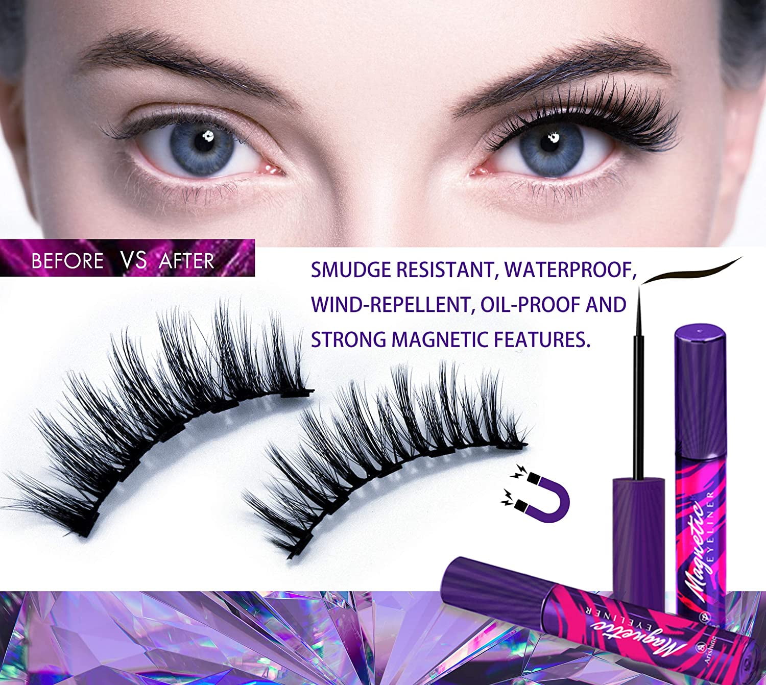 Arishine 3D 5D Magnetic Eyelashes with Eyeliner Kit, 10-Pair Reusable Fluffy Magnetic Lashes, 2 Pair Natural magnetic Eyelashes with 2 Tubes of Magnetic Eyeliner with Scissors Tweezers & Mirror Case