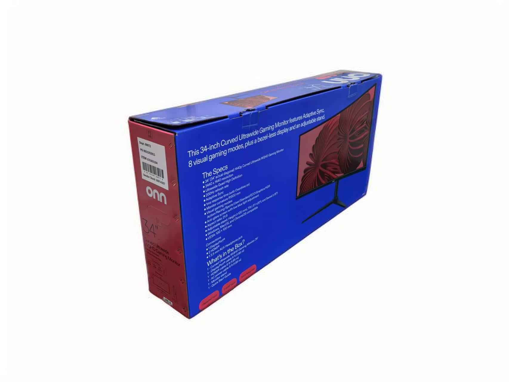 onn. 34" WQHD (3440 x 1440p) 200Hz Bezel-Less Gaming Monitor, Curved 1500R, 1ms, with 1.85m HDMI & DP Cable, SPK, Black