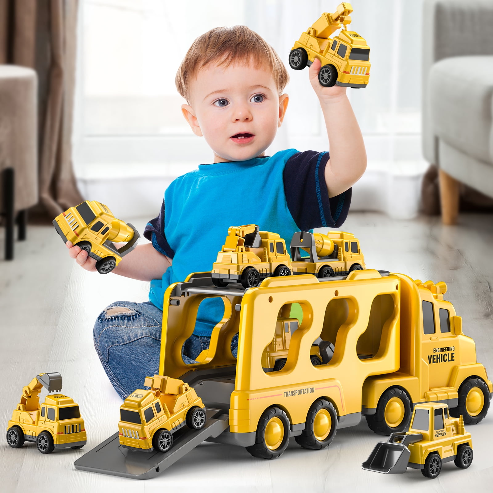 Construction Truck Boy Toys for 3 4 5 6 7 Years Old Engineering Transport Vehicle Carrier Truck, Kids Excavator Crane Gift Toys for Boys & Girls Aged 4-6