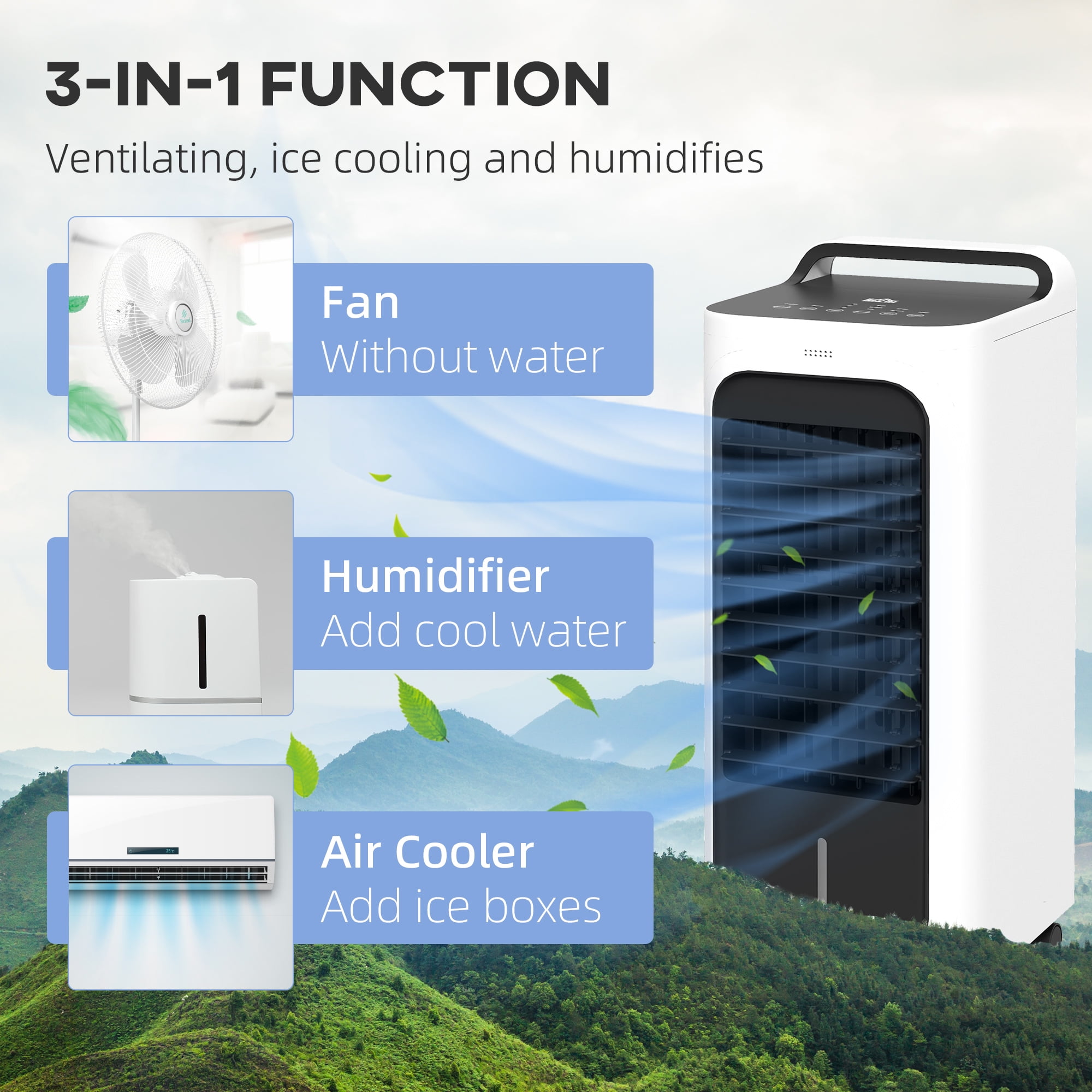 Mintazer 3-In-1 Evaporative Air Cooler with Ice Packs, Portable Air Cooling Fan with 1.3 Gal Water Tank, Remote & Timer for Home Office Garage, White