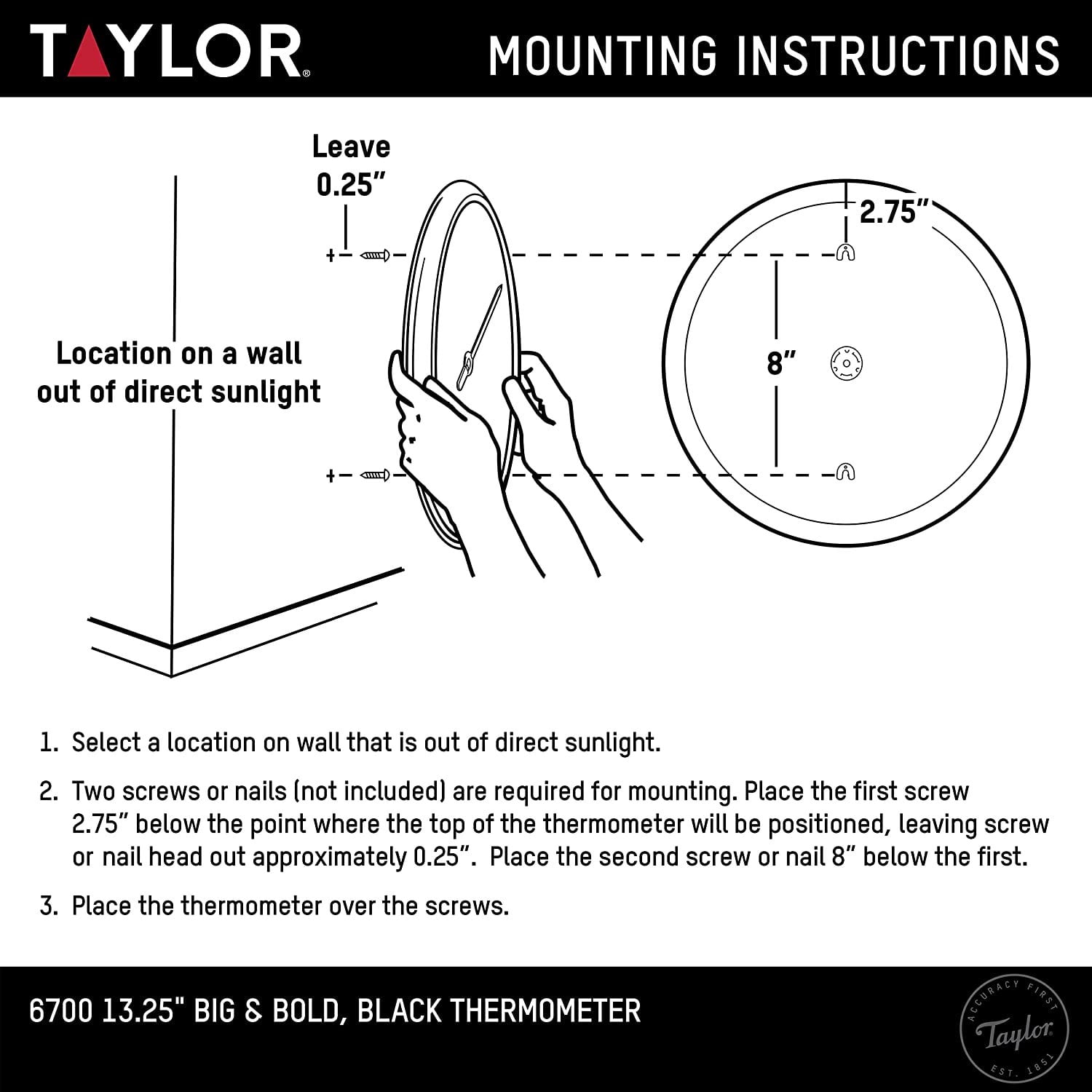 Taylor 6700 13-1/4" Black & White Big & Bold Dial Thermometer