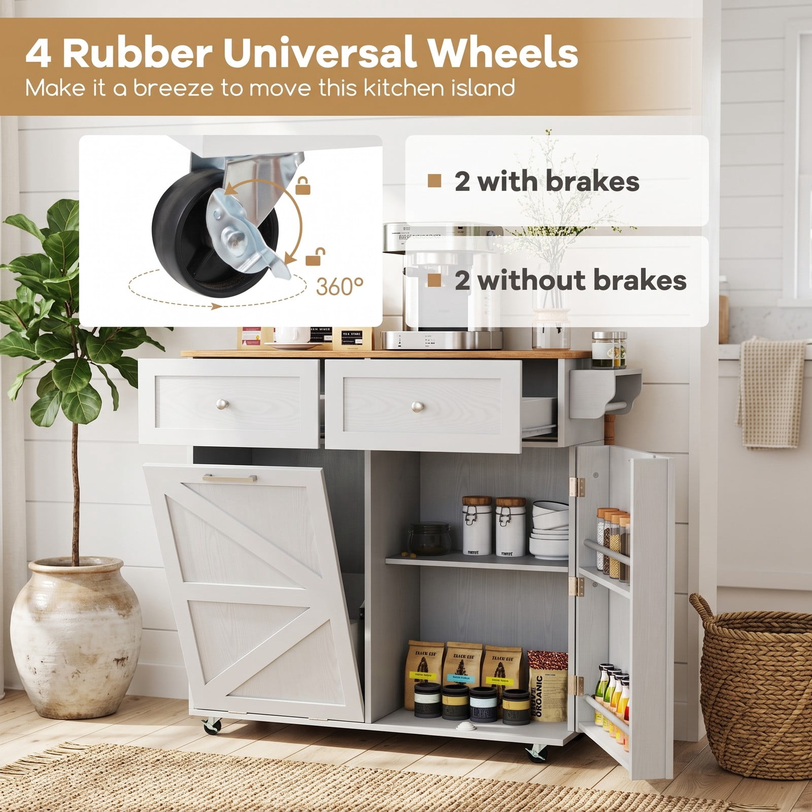 Furnibear Rolling Kitchen Island with Trash Can Cabinet, Drop Leaf Kitchen Cart with 2 Drawers, Spice and Towel Rack, Rubber Universal Wheels for Dining Room, Grey