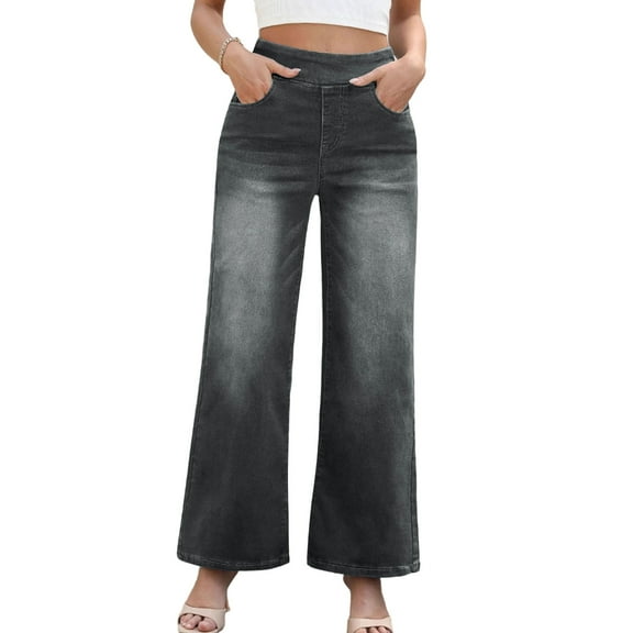 Rutainlusire Womens Fashion Trendy Wide-Leg Loose Denim Pants Jeans Women's Solid Color High Waisted Wide Leg Pants Straight Leg Jeans Long Pants