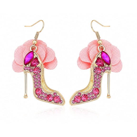 Pink High Heel Shoe Earrings with Pearls & Crystal Rhinestones for Women, Fashion Statement Dangle Earrings