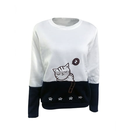 - DBoard Women Cat Embroidered Sweatshirt Long Sleeve Color Block Casual Tops Blouse