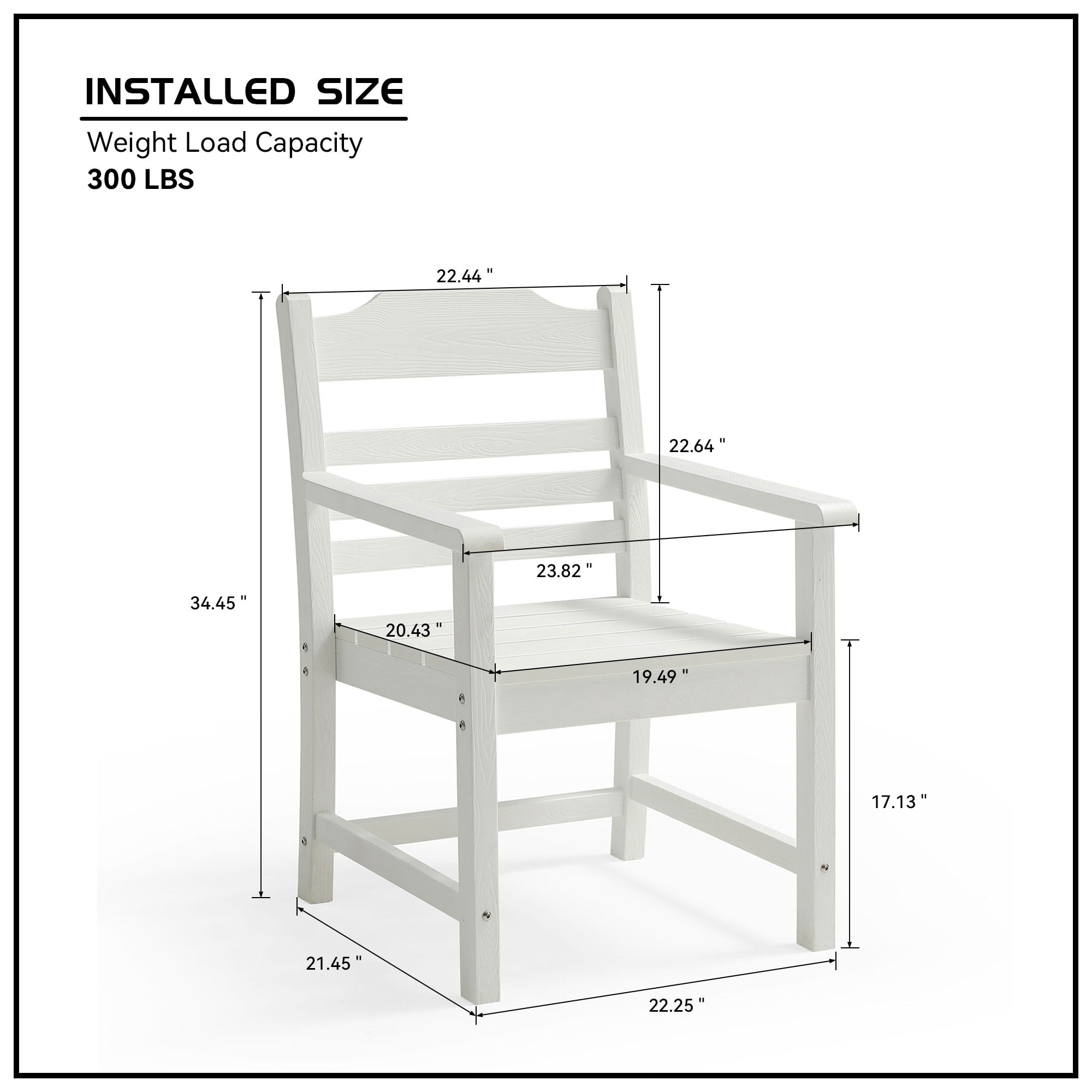 Patio Dining Chair with Arms Set of 2, Pure White with Imitation Wood Grain Texture for Deck Pool, White