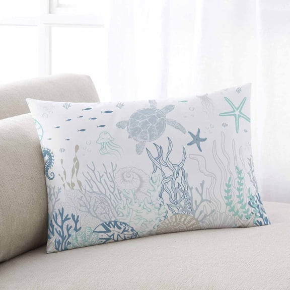 Coastal Oversized Pillow Covers, Turquoise Blue Turtle Starfish Coral Jellyfish Soft Throw Pillow Cases with Invisible Zipper, Decorative Pillowcase Pillows Protectors for Sofa Bed Couch 24"x36"