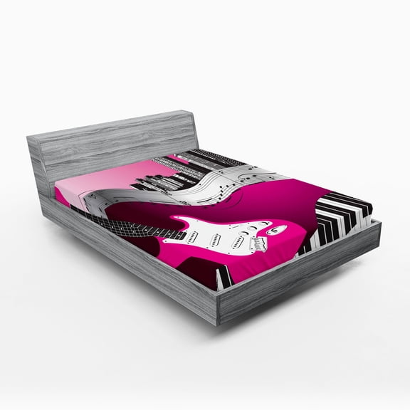 Ambesonne City Fitted Sheet, Urban Bass Guitar Rock, Full Size, Hot Pink Pale Grey Black
