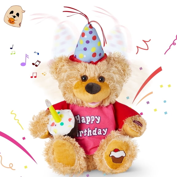 Houwsbaby 13.5-inch Birthday Teddy Bear Interactive Plush Toy Electronic Singing Music Plush Toy with Cupcake Light-up Candle Teddy Bear Gift Suitable for Children Girls Boys Birthdays Holidays