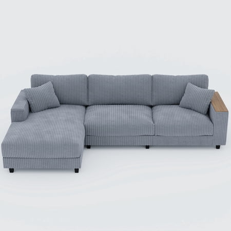 Modern L-Shaped Sectional Couch with Reversible Chaise Lounge 3 Seaters Corduroy Upholstered Modular Sofa with Storage Armrest and Toss Pillows for Living Room Apartment Office
