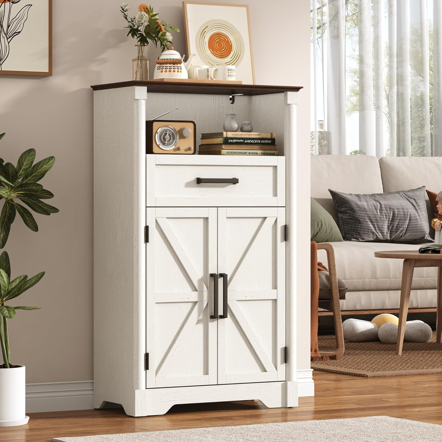 Farmhouse Floor Storage Cabinet with Drawers & 2 Barn Doors, Wood Bathroom Storage Cabinet with Roman Column Decor, Farmhouse Storage Cabinets with Adjustable Shelf & Door Cabinets, Rustic White
