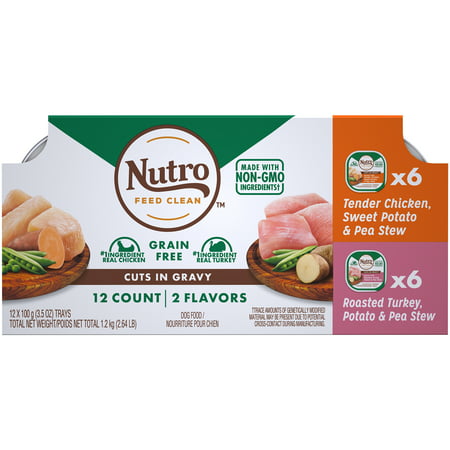 NUTRO Wet Dog Food Grain Free Cuts in Gravy Variety Pack, Tender Chicken, Sweet Potato & Pea Stew, Roasted Turkey, Potato & Pea Stew, (12) 3.5 oz.