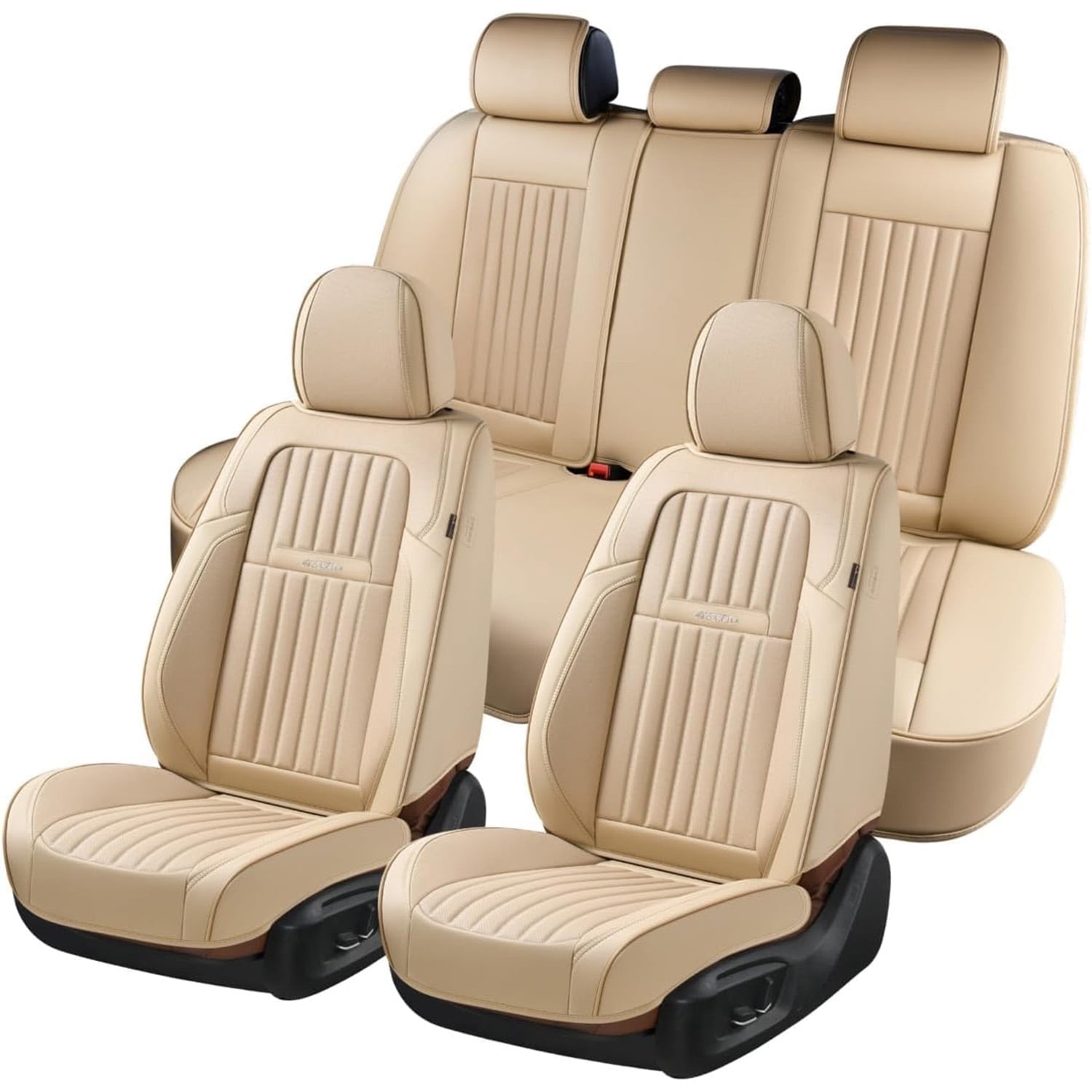 Coverado Car Seat Covers Full Set, Beige Front and Rear Seat Protectors, Waterproof Faux Leather Universal Fit for Most Cars