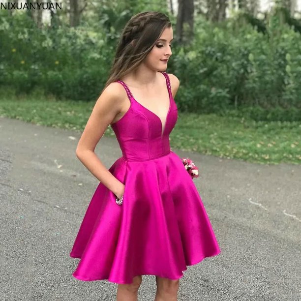 Vestido de fiesta corto de satén con cuentas de espagueti con bolsillos, vestido de fiesta de graduación para niñas, vestido de fiesta de Gala de talla grande