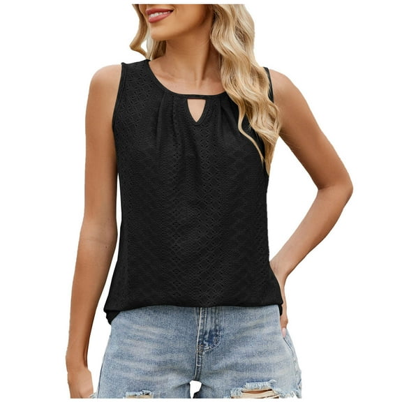 Fmbrln Womens Summer Loose Tank Tops Round Neck Ruched Sleeveless Tops Casual Solid Basic Shirts Black L