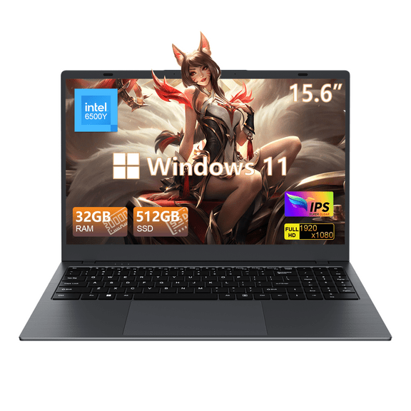 RNRUO 15.6" Laptop Computer, 32GB RAM 512GB SSD, Intel 6500Y, Type-C PD Dual 4K Output 1080p FHD WiFi5 BT5.0 5000mAh Battery, Office 2024 Windows 11 Laptop for Business, Student, Dark Gray