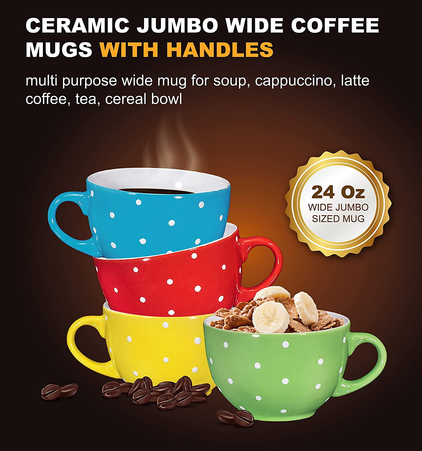 Bruntmor 24 Oz Jumbo Ceramic Coffee Mug Set of 4 - Black with Red, 24 Oz -  Metro Market