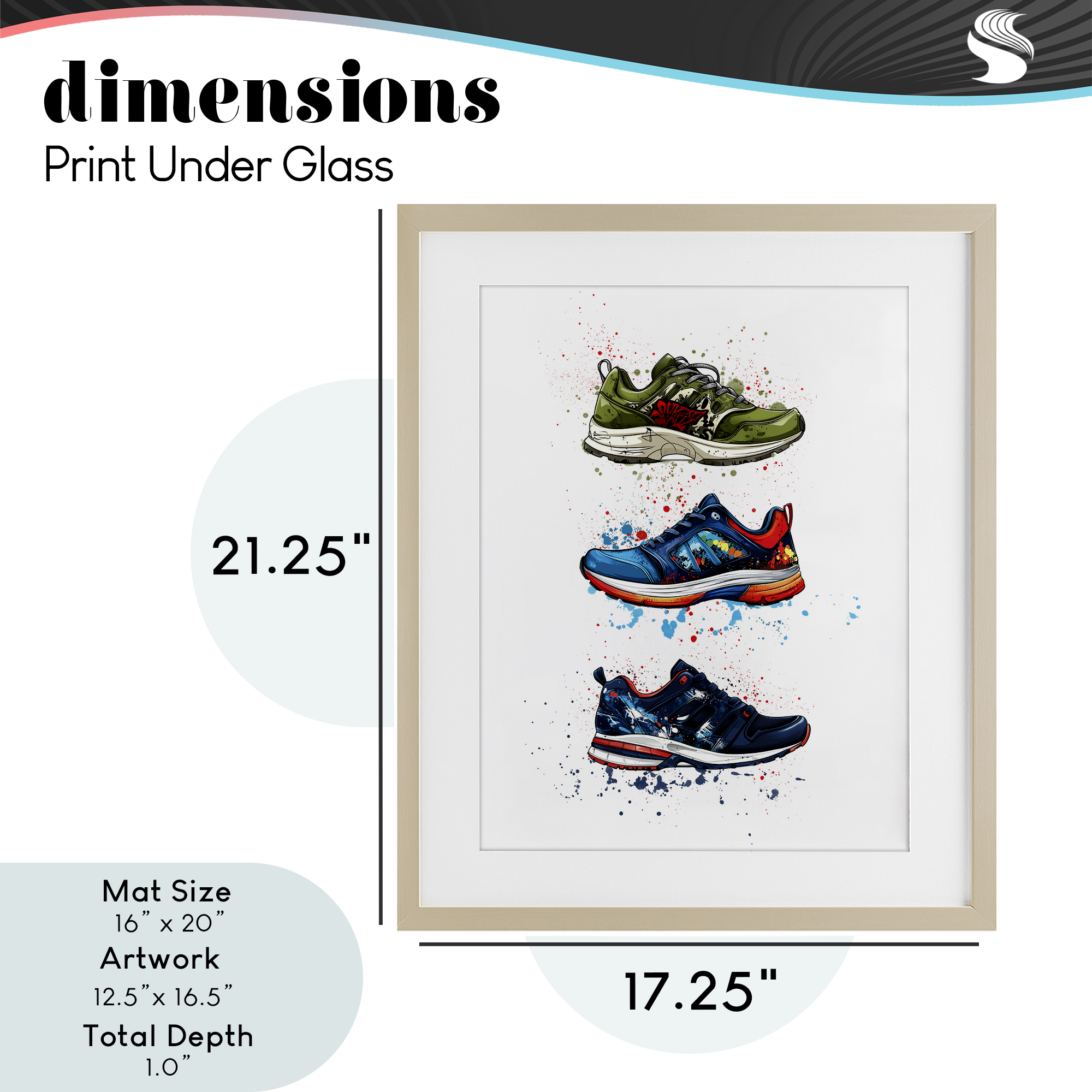 Modern Spray Sneakers Birch Framed Print Under Glass, design by Christine Simpson Art
