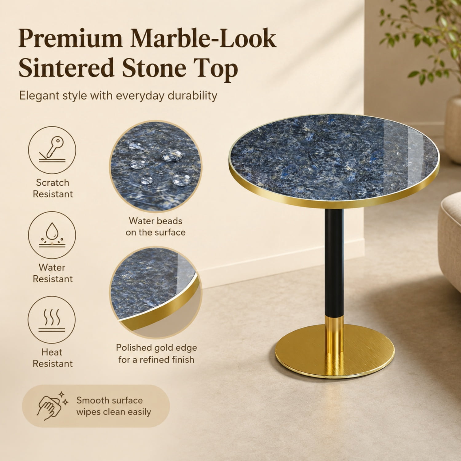 Miniyam 31.5 Inch Round Dining Table for 2 to 4, Sintered Stone Top, Tulip-Style Pedestal Kitchen Table, Blue