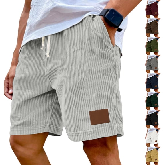 Men's Corduroy Shorts with Elastic Drawstring Waist and Side Leather Patch Featuring Vintage Vertical Stripes for Summer Beach Days Casual Outings or Lounge Wear Army Green L