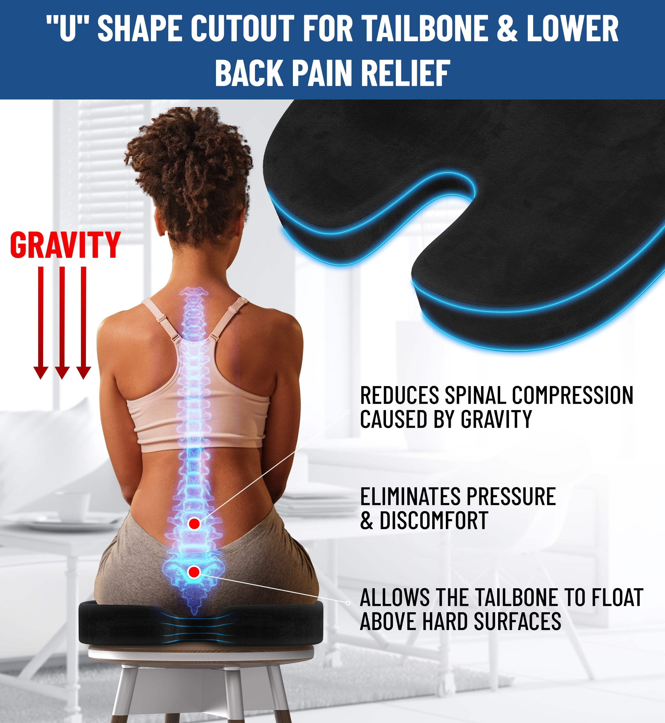 Everlasting Comfort Memory Foam Seat Cushion, Back & Hip Support, Long Sitting Comfort, Coccyx Cutout, Tailbone Pain