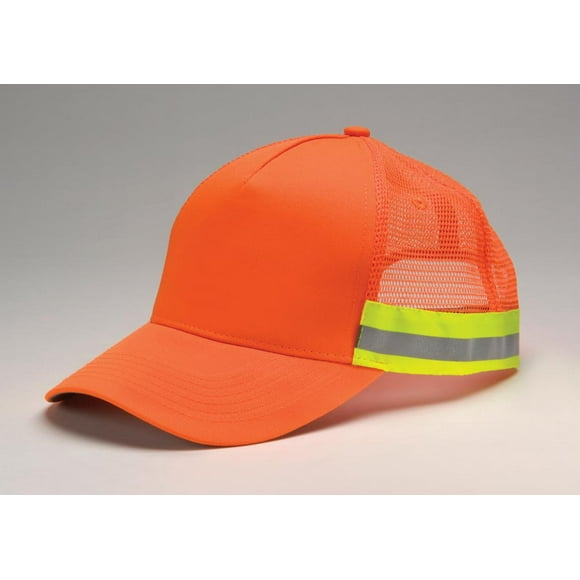 Tr102 | Trucker Reflector- Polyester, Six Panel, Structured, Mid-Profile, High Visibility Color Corwn With Matching Color Mesh Back Panels And Contrast Color Taping With Reflective Grey Center Stripe