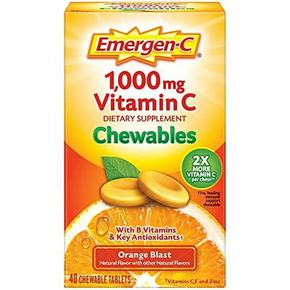 Emergen-C Chewable Vitamin C 1000mg, With B Vitamins And Antioxidants Tablet (40 Count, Orange Blast Flavor), Dietary Supplement