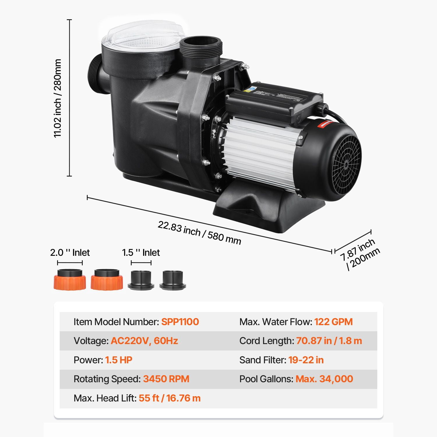 Above Ground Pool Pump, 1.5HP, 122 GPM Max Flow Single Speed Swimming Pool Pump, 220V 3450 RPM 55 ft Max Head Lift with PP Shell Strainer Basket, 122 Fahrenheit Max Water Temp, No Plug