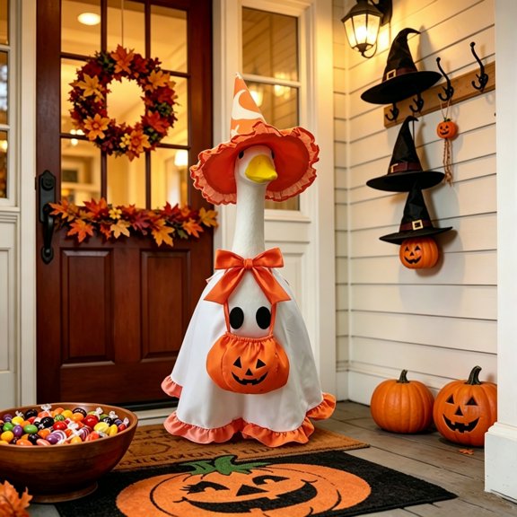 RUINIXCW Halloween Porch Goose Outfits for 23 inch Cement Plastic Goose Statue Accessories Holiday Porch Goose Clothes Ghost Dress Witch Hat Pumpkin Basket Set Yard Patio Lawn Art Decor (No Goose)