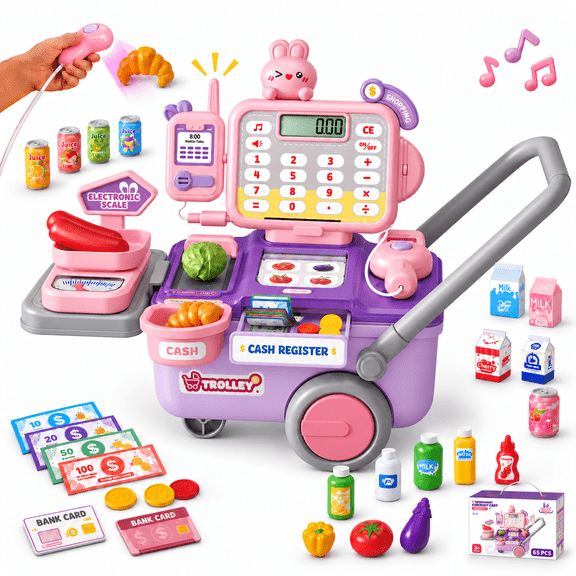 Einailvk Kids Cash Register with Scanner, Calculator, Storage Box, 65Pcs Pretend & Play Store Playset Gift for Ages 3 (Pink & Purple)
