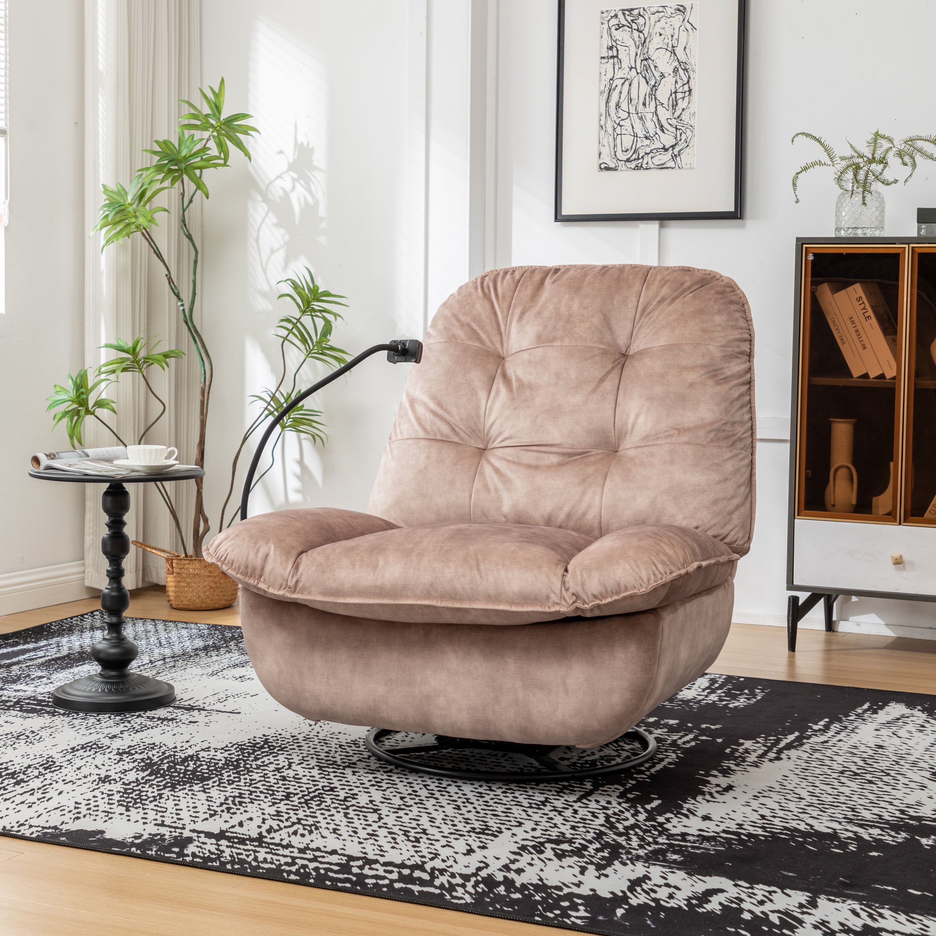 Aukfa Swivel Gliding Recliner Chair, Rocking Chair Lazy Chair W/ Mobile Phone Holder,Velvet,Light Brown