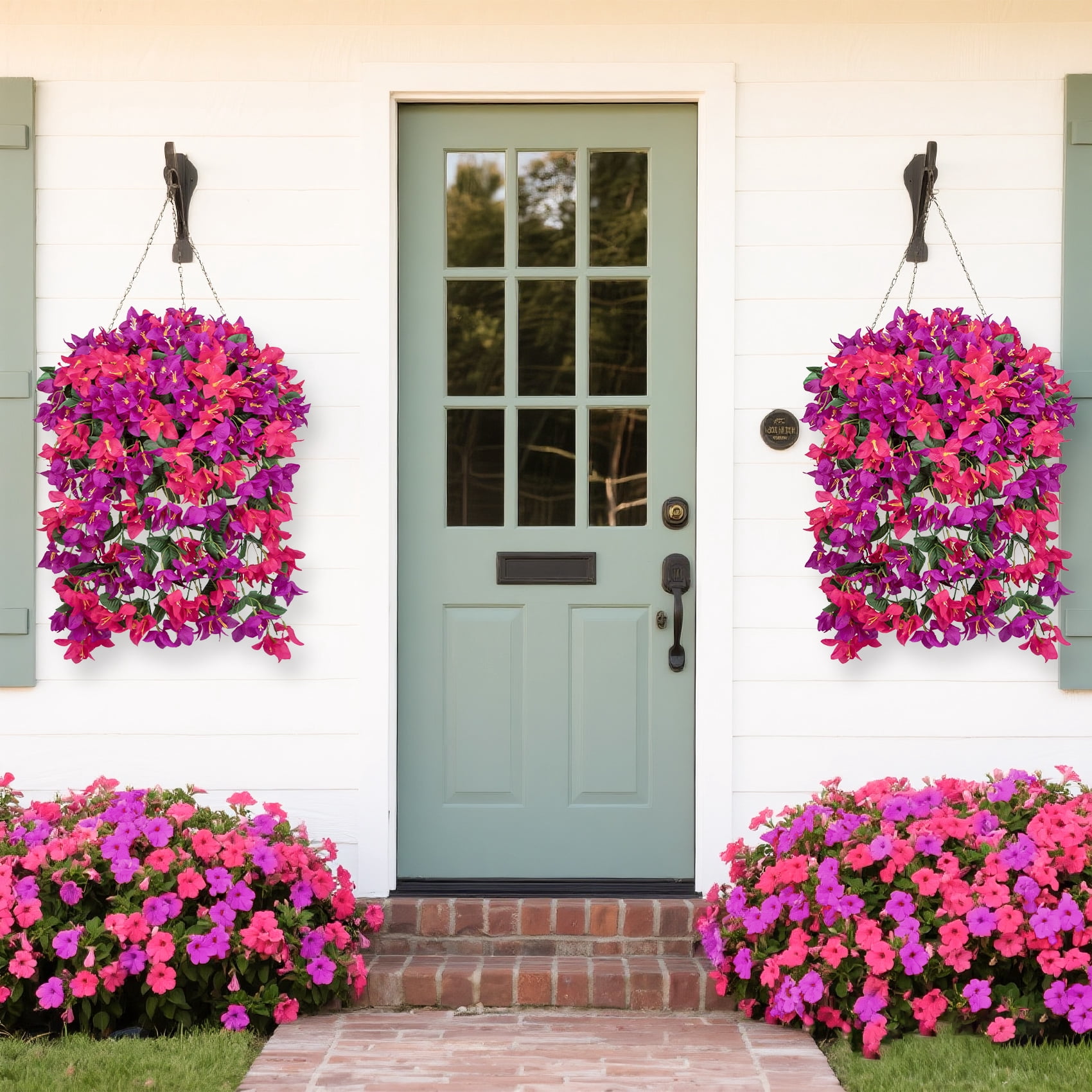 Scidweet Artificial Bougainvillea Flowers for Outdoors, 4 Pcs Faux Silk Hanging Flowers Long Trailing Fake Vines for Front Door Porch Yard Balcony Patio Summer Spring Home Decor, Red Purple